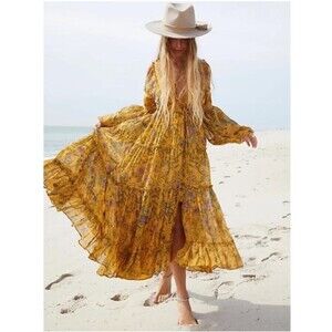 Free People Cassis Printed Floral Chiffon Midi Dress Turmeric Combo Size Small